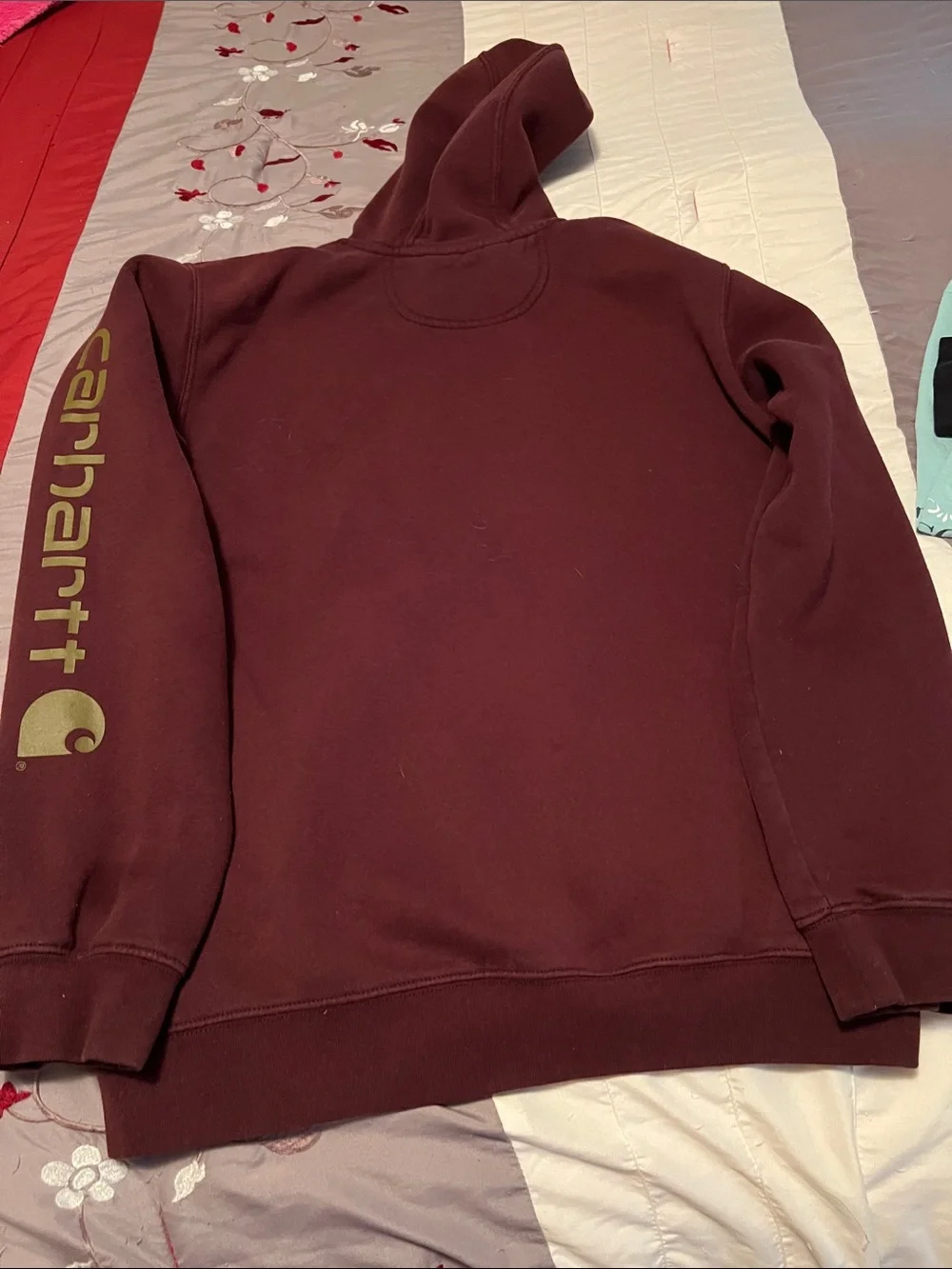Carhartt Men’s Maroon Crewneck Hoodie with Olive Logo Sleeve